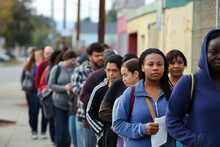 People In Line Waiting With Food Stamps Waiting At For Soup Kitchen, Signs Of Poverty