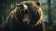 Photorealistic angry bear portrait open mouth sharp teeth in pine forest,