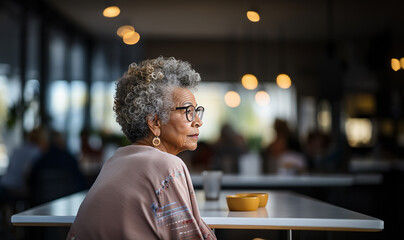 Wall Mural - Lonely Pensive mature woman sit in living room look in distance window thinking of lonely life, thoughtful elderly female rest at home feel melancholic, miss old days, solitude concept