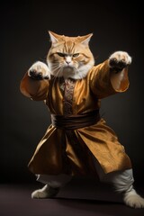 Portrait, Black belt cat, Karate, Kung fu, Kungfu, Poster, Martial. KARATE KITTEN! (THE ULTIMATE BATTLE). Trained feline in kungfu luxury uniform taken in fighting pose. Paws up!