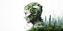 Generative AI Of Stylish Handsome Cyborg Head City And Green Forest Panorama Background, Futuristic Man, Recycling Society, Green Tech, Sustainable Development Goals. SDGs, Environmental Technology 