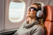 Woman Passenger Of Flight With Blindfold And Earphones Sleeps In Airplane Chair Sitting Outside Porthole. Young Girl First Class Passenger Flies On Business Trip On Airplane And Smiles