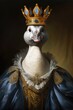Ironic royal goose portrait, Empress, Queen, Princess, Dressed, Medieval, Renaissance. HER HIGHNESS THE EMPRESS GOOSE. A respectful female goose specimen dressed up as a sovereign. Renaissance style.