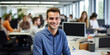 © OP38Studio - Happy young handsome businessman sitting at a desk in the office, He looks at the camera, smiles, generative ai