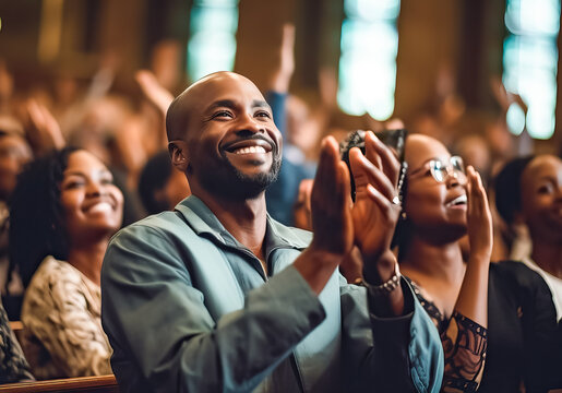 group of smiling african americans applauding in a church