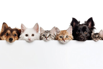 A row of cute cats and dogs peeking behind a white blank poster on a white background. Advertising banner mockup for pet shop or veterinary clinic.