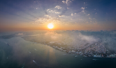 Poster - Istanbul panorama photo, Turkey. Istanbul Canal, as well as Bosphoros canal. Sunset time. Cityscape in Background. Drone Point of View.