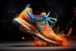 Bright multi-colored running shoes on a black background with a splash of orange paint. Sport shoes advertising banner concept.