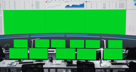 Aufkleber - Empty Monitoring Office With Green Screen Chromakey Desktop Computer Monitors Of Employees. Big Digital Screens Showing Graphs And Charts. Mockup Template Of Successful Financial Analytics Company.