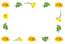 Border With Yellow Flowers And Green Leaves On Transparent Background, Frame Of Yellow Flowers And Green Leaves