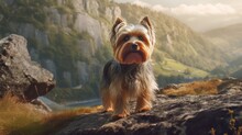 Yorkshire Terrier Stands On A Rock And Looks Into The Distance.