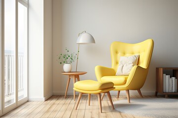 Yellow armchair in modern Scandinavian interior design, digitally rendered in 3D.