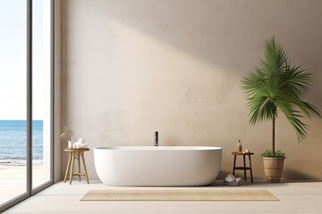 Wall Mural - a hotel bathroom with a bathtub, sink, towel rail ladder, podium, and beige concrete floor. Panoramic window showcasing the tropics. Empty wall with mockup copy space.