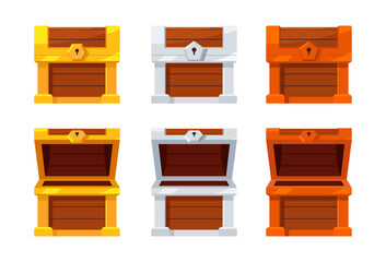 Wall Mural - Open mystery wooden luxury chest. Gold Silver Bronze Treasure on white background. Random a secret loot box concept. Vector illustration cartoon flat design.	