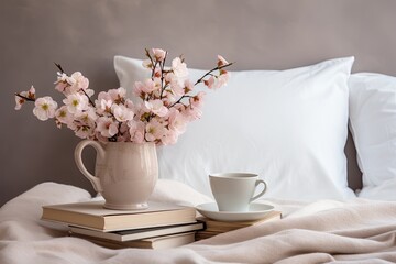 Wall Mural - Coffee and books on wooden bedside table. White vase with pink flowers. Beige pillows on bed. Scandinavian bedroom.