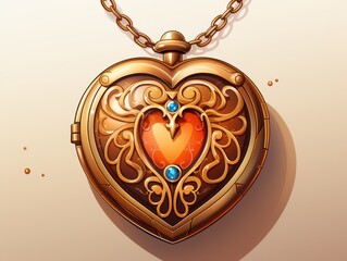 Poster - Beautiful, gold locket with a gold chain, with beautiful incraving, magical, cartoon, no picture, no background, white background, far away view, cartoon, full view of locket and chain 