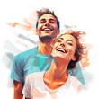 Modern young man and woman smiling together. Generative AI illustration. Isolated on white background.