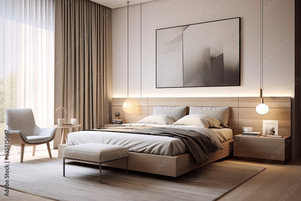 Scandinavian style luxury bedroom with minimalist design. Stock Photo ...