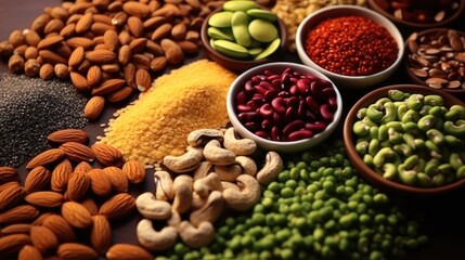 Poster - Ingredients for the healthy foods selection, nuts, seeds, The concept of healthy food set up on wooden background.