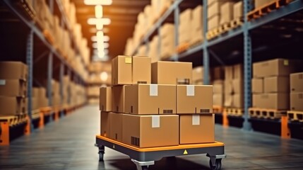 Leinwandbilder - Cardboard boxes on a pallet truck in a large industrial warehouse.