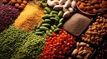 Poster - Ingredients for the healthy foods selection, nuts, seeds, The concept of healthy food set up on wooden background.