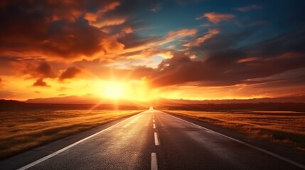 Aufkleber - Road Leading Into A Sunset, Straight road to the mountain.