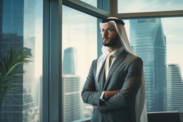 Wall Mural - Arabian business man watching cityscape of Dubai big office with modern futuristic architecture in United Arab Emirates.