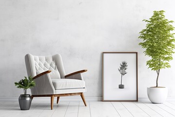 Wall Mural - a bright living room with an armchair against a white wall.