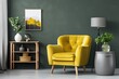 © The 2R Artificiality - Grey wall holds abstract painting, paired with beige sofa, vintage dark green armchair, and yellow pouf adorned with a book in retro living room.