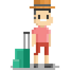 Wall Mural - Pixel art man with luggage character