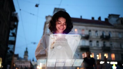 Wall Mural - Beautiful Smiling Woman Using Phone on a City Street at Night. Visualization of Social Media, Chatting, Texting, Messaging App Icons. Social Networking Service