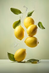 Wall Mural - flying yellow lemons, green leaves on light pastel background. Creative food concept.