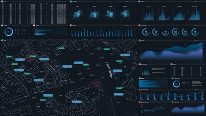 Leinwandbilder - 3D Render: Dark Monitoring Software Mockup: City Map Updating In Real Time And Graphs And Charts With Data. Computer Programm For Business Expansion Planning Template For Desktop or TV Monitors.