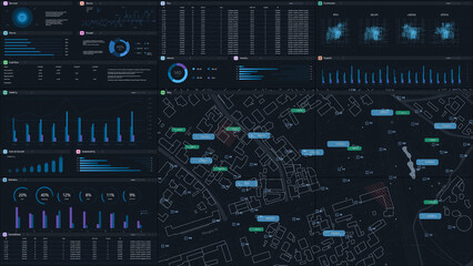 Leinwandbilder - 3D Render: Dark Monitoring Software Mockup With City Map Updating In Real Time And Graphs And Charts With Analytical Data. Computer Programm For Business Planning Template For Desktop or TV Monitors.