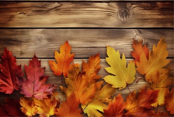 autumn leaves on wooden background with blank place for text. Generative Ai