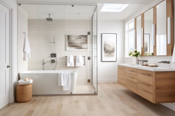 Poster - Spacious bathroom with a freestanding tub and glass shower, featuring wooden cabinets and white tile.