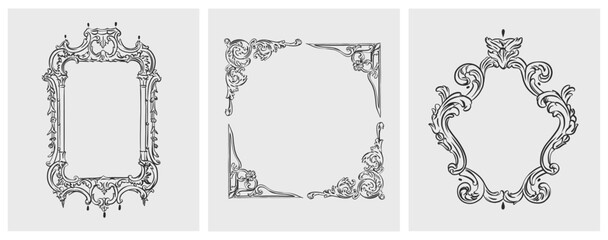 Wall Mural - hand drawn vector abstract outline,graphic,line art vintage baroque ornament floral frames set in mi