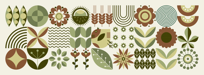 Geometric floral pattern. Scandinavian style. Ukrainian motifs. Natural organic flower plants, eco agriculture concept. Abstraction. Vector minimal illustration