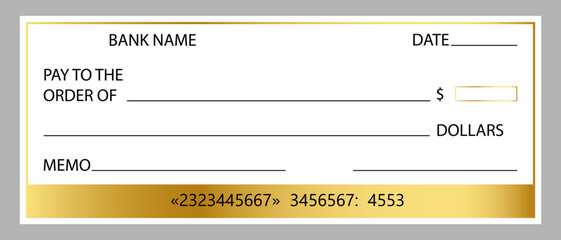 Blank bank check template with gold element. Vector template