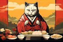Sushi Maker Cat Chef, Comic Style, Advertising Poster. Chef With Sushi. Cat In Kimono. Cat In A Restaurant. Generative Ai 