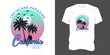 California summer for t-shirt print design with typography. Line Art Style, surf tee with tropical palm tree silhouette graphic label, perfect for ocean vacation fashion. Vector illustration.