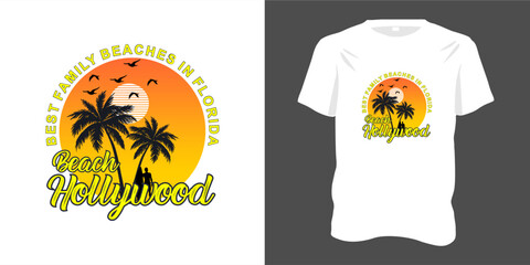 Wall Mural - Hollywood beach summer for t-shirt print design with typography. Line Art Style, surf tee with tropical palm tree silhouette graphic label, perfect for ocean vacation fashion. Vector illustration.