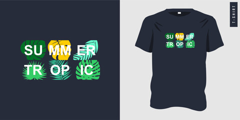 Tropical Summer for t-shirt print design with typography. Line Art Style, tee with tropical palm leaf plant graphic label, perfect for holiday fashion. Vector illustration.