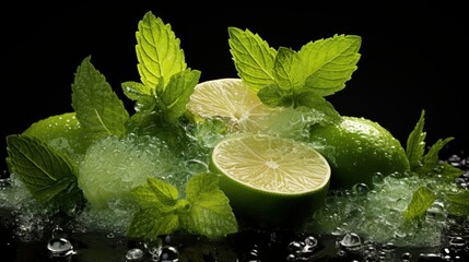 Sticker - Closeup of a ingredients, lime, sugar, mint leaves sprint high res photo, ultra photo realistic, cinematic