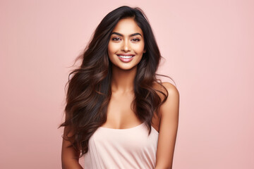 Wall Mural - beautiful young happy indian woman on pink background