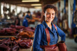 Woman Worker In The Background Leather Goods Factory