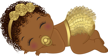 Wall Mural - Vector Cute Black Baby Girl in Gold Ruffle Diaper