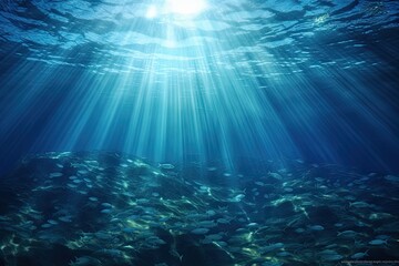 Deep Nature of the Blue Ocean Underwater with Sunbeams and Lights Creating a Beautiful Background Image: Generative AI