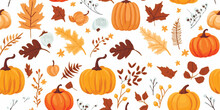 Autumn Decorative Seamless Pattern With Pumpkins And Seasonal Elements, Acorns, Plants, Leaves
