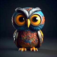 Wall Mural - Owl with big eyes on a dark background. 3d illustration